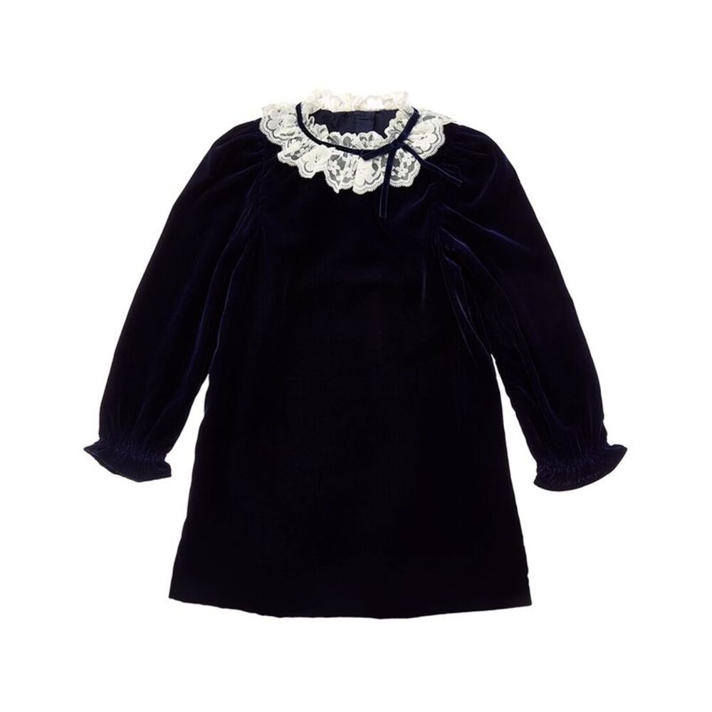 Janie And Jack Girls The Velvet Lace Collar Dress, Blue